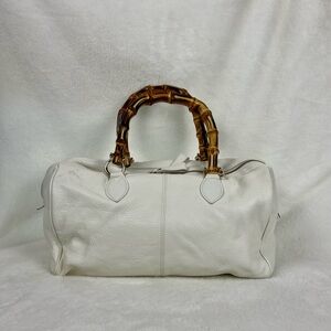 Rowallan Elegant White Leather Bag with Bamboo Handles